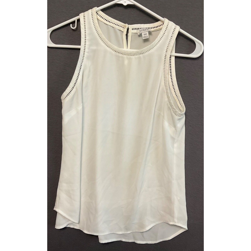 J.Crew White Sleeveless Blouse 00 Keyhole Back Open Stitch Trim